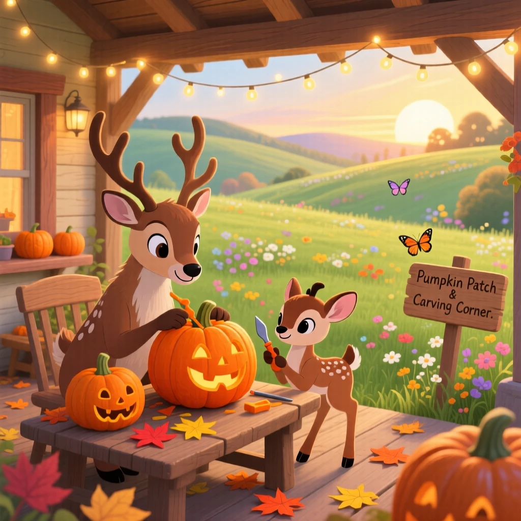 A reindeer and its fawn spend the evening carving pumpkins on a porch surrounded by autumn leaves in a sunlit spring meadow, with twinkling lights strung overhead.