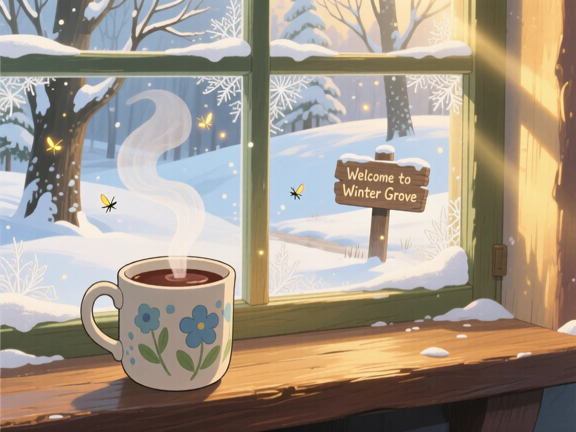 A warm, inviting scene of a hot chocolate mug steaming beside a snowy window, as morning light streams through a nearby window.