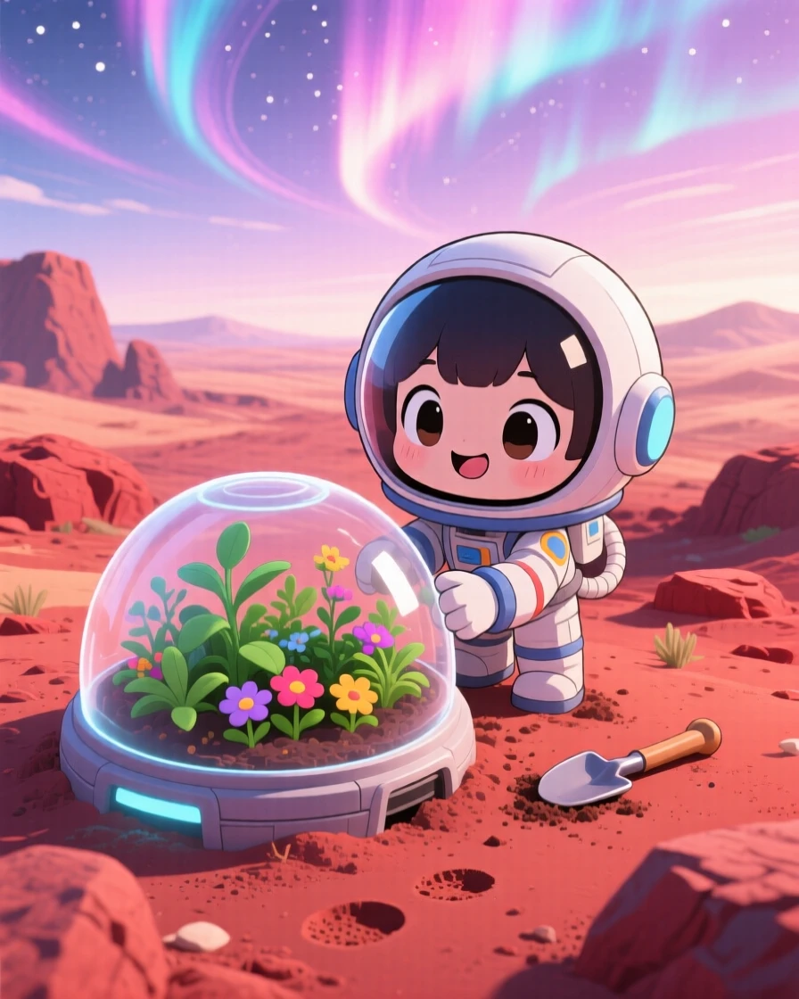 A small astronaut planting a garden dome on Mars, framed as a high aerial view within a red rocky Martian landscape, beneath swirling aurora-lit skies, glowing under soft pastel light of dawn, evoking sleepy relaxation.