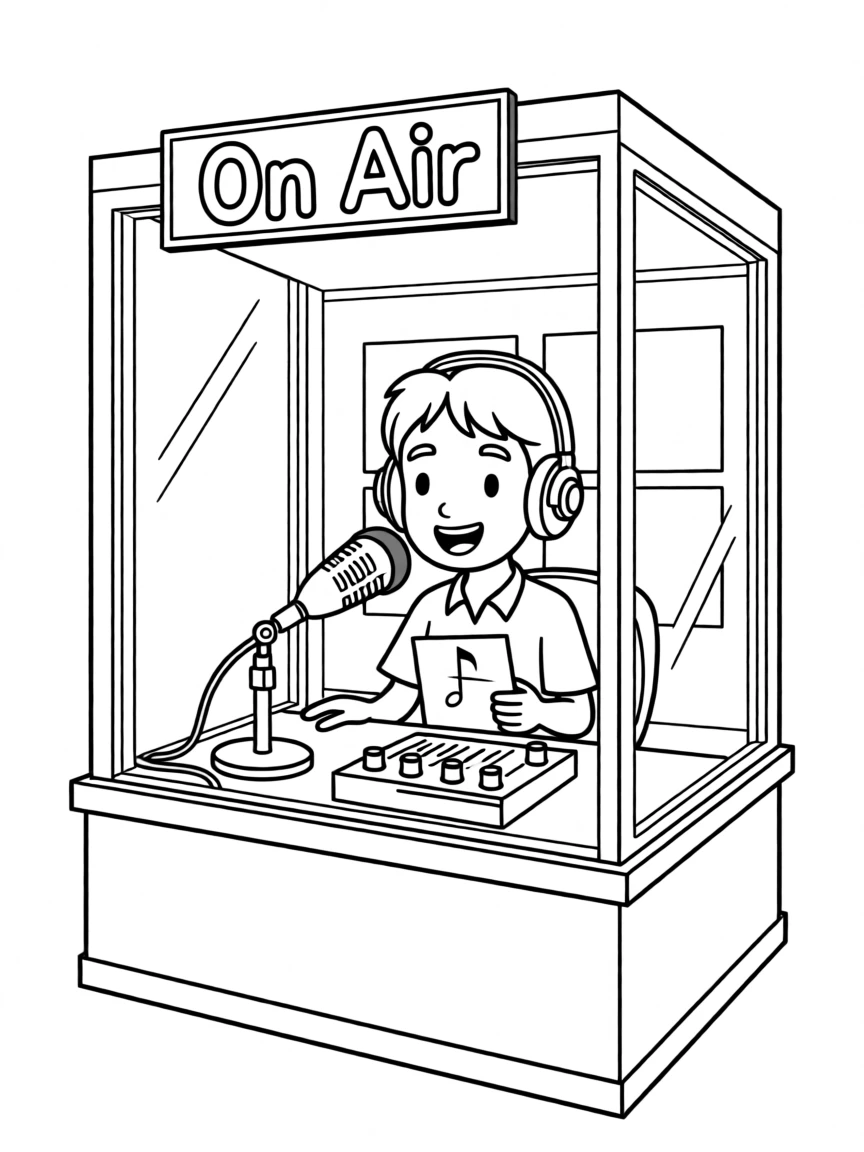 A radio host announcing songs from inside a recording booth