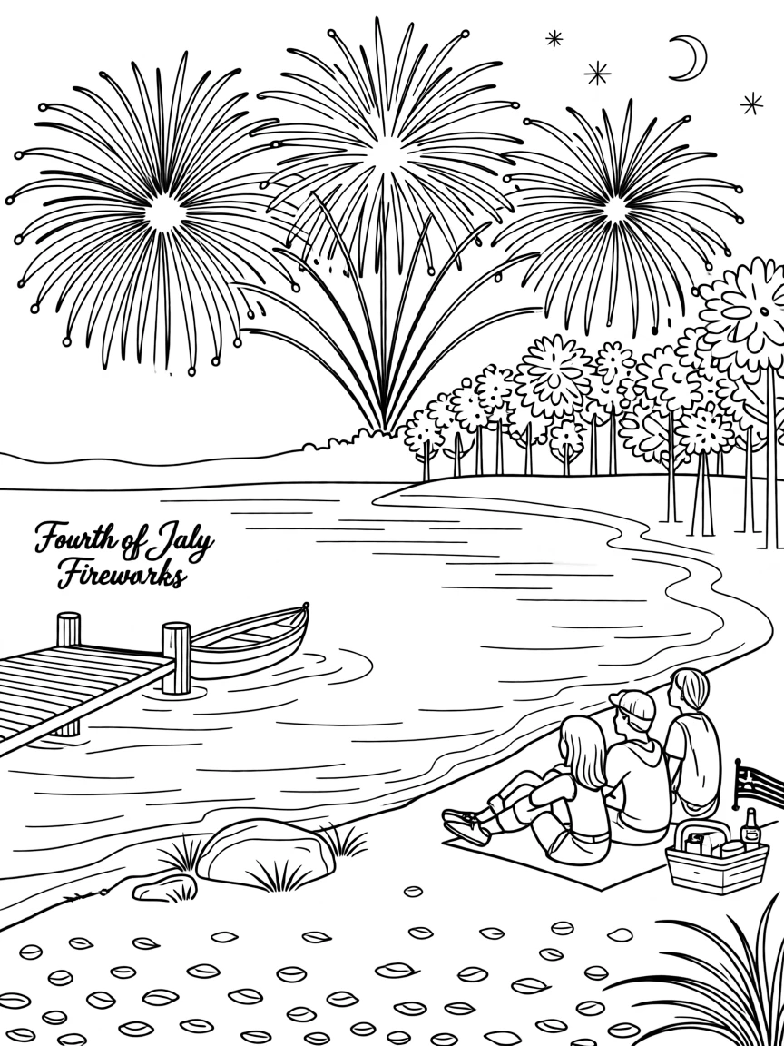 A Fourth of July fireworks show over a lake, with fallen leaves or snow scattered on the ground.