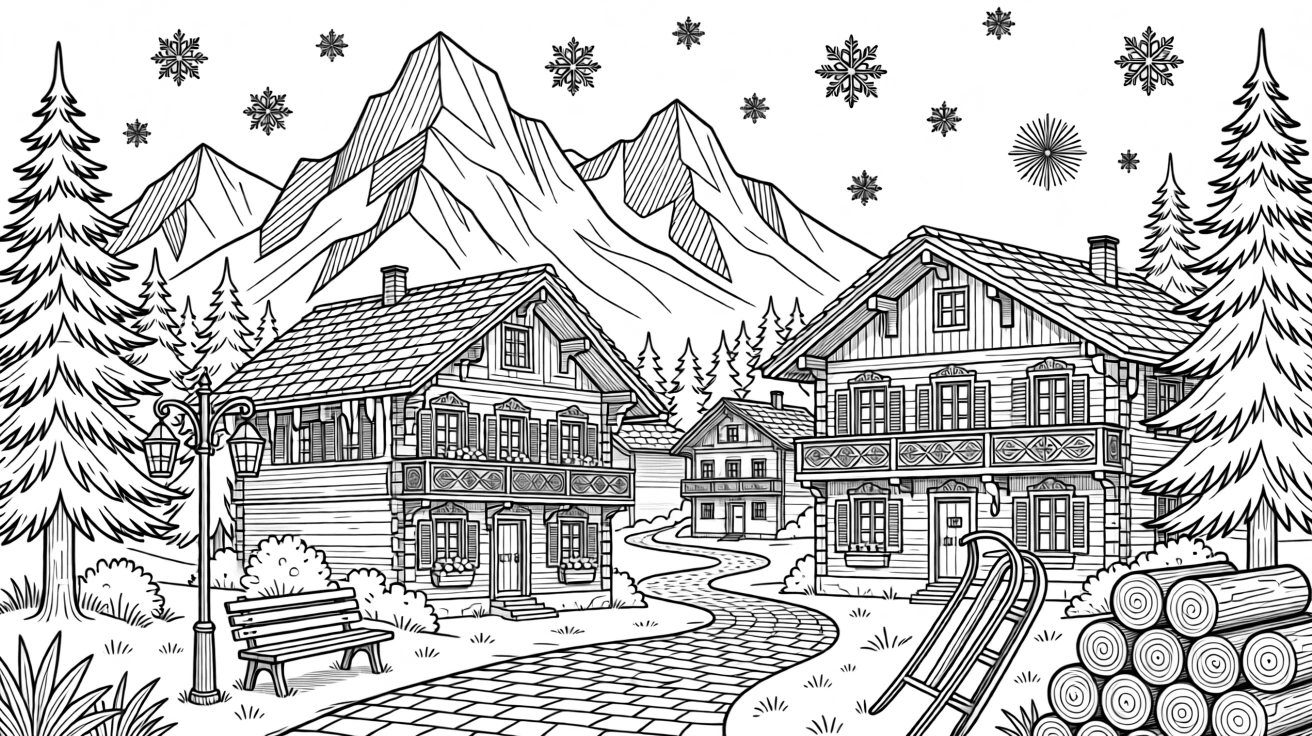 A Swiss alpine village with wooden chalets nestled beneath snowy peaks.