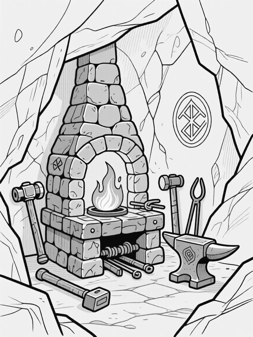 A dwarven forge deep within a mountain, glowing with fire