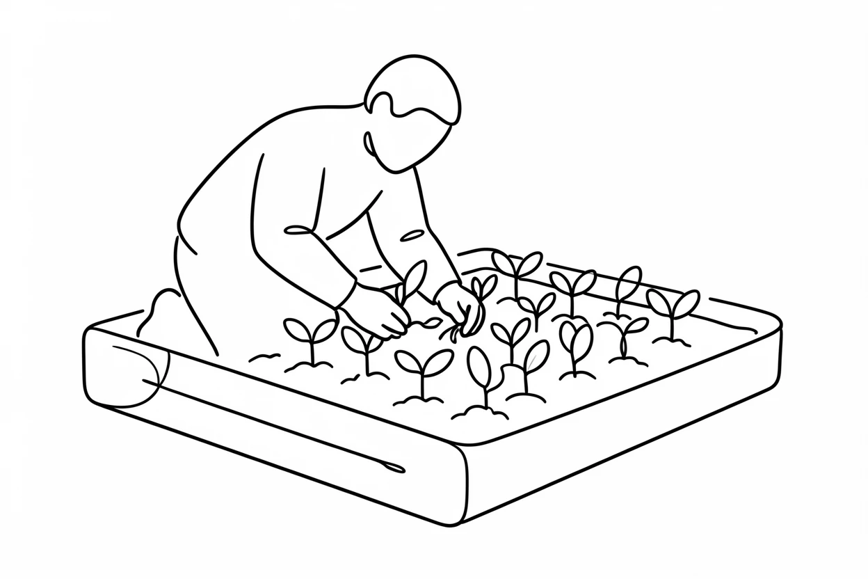 A gardener planting seedlings in neat rows in a raised garden bed