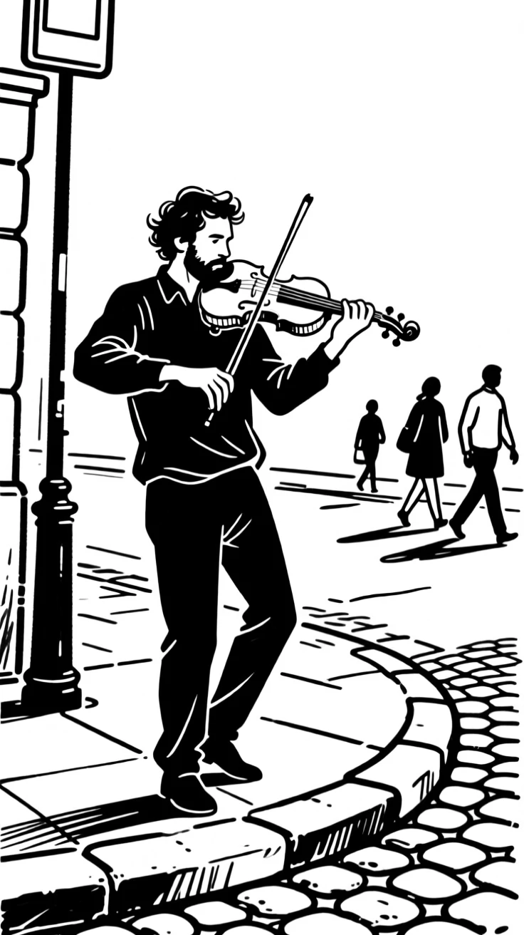 A street musician playing violin on a cobblestone corner as people pass by.