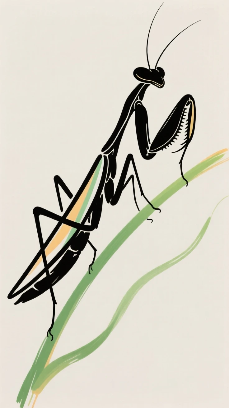 A praying mantis balancing delicately on a green stem.