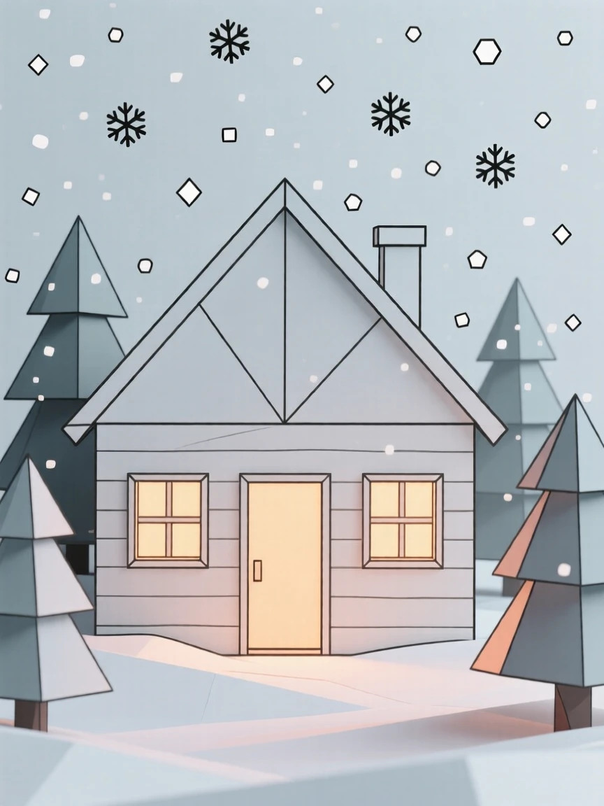 A winter cabin glowing warmly amid falling snow