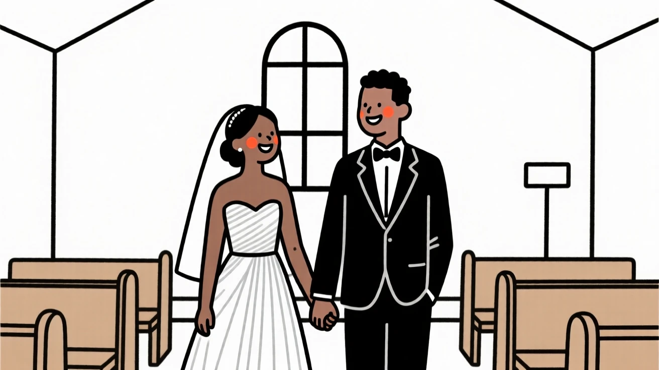 A bride and groom of Jamaican heritage, beaming with pride, in a quiet chapel.