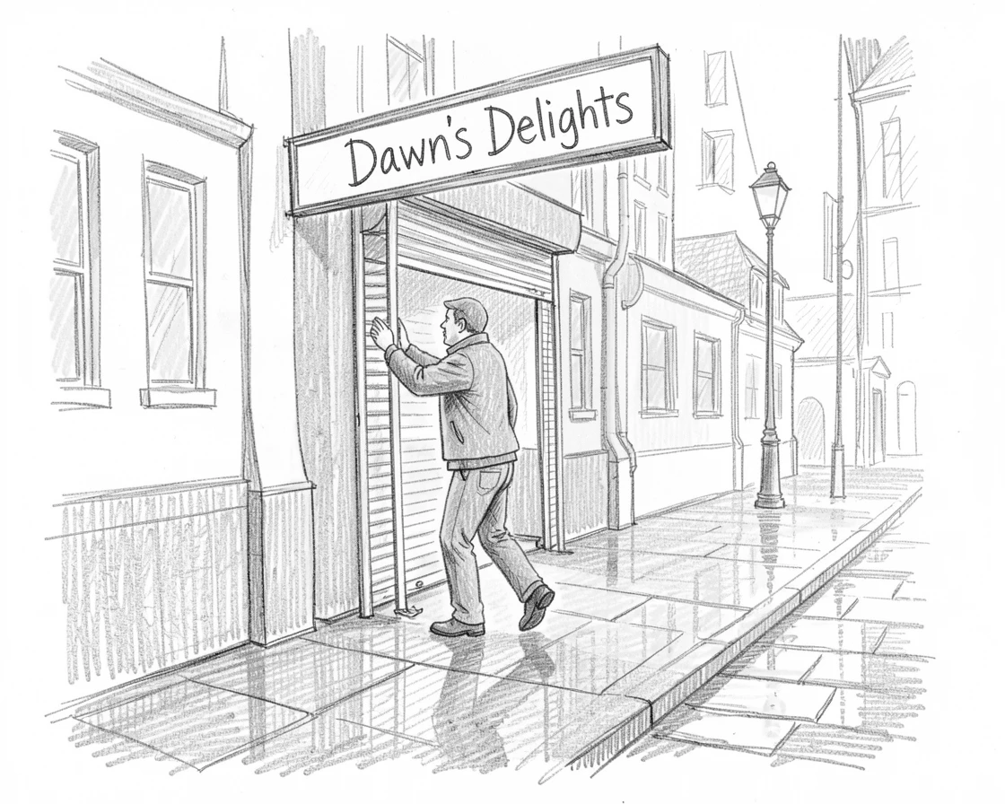 A candid slice-of-life scene of a shopkeeper opening the shutters at dawn on a rain-slicked city street, with golden morning light streaming through windows.
