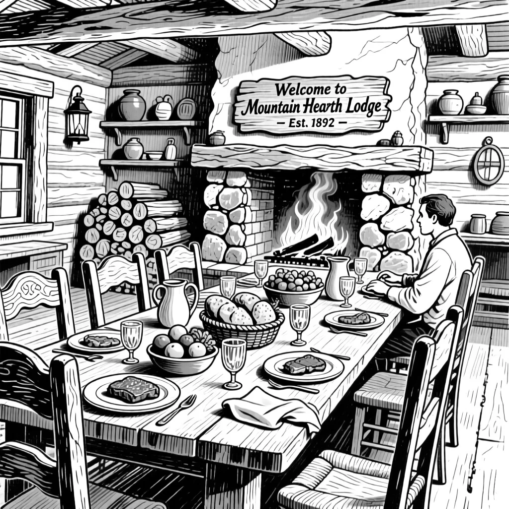 A cozy mountain lodge dining room with a long table set for a feast.