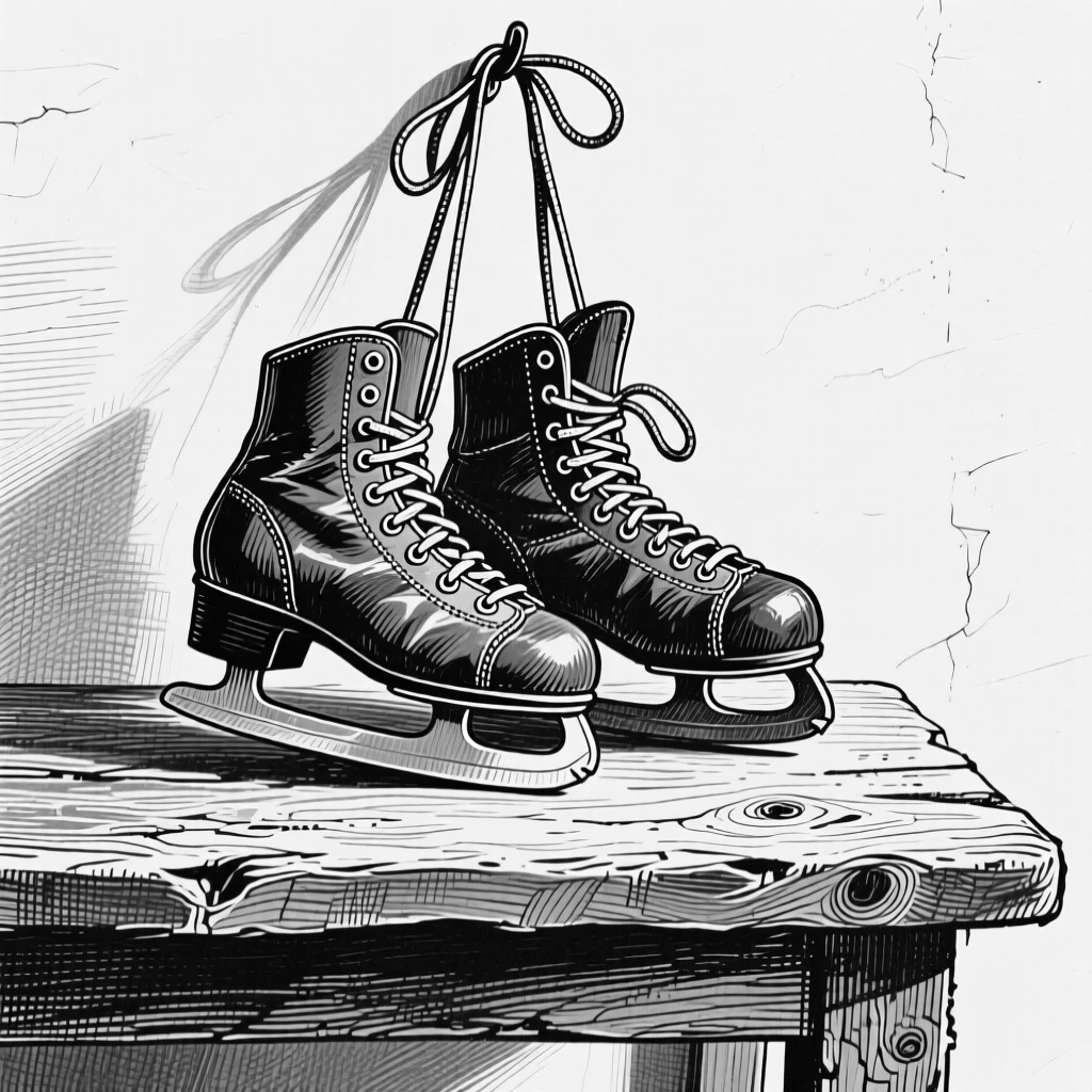 A pair of ice skates hanging by their laces arranged on a rustic wooden table, with the texture of aged wood grain visible beneath it, forming a refined and understated still-life study.