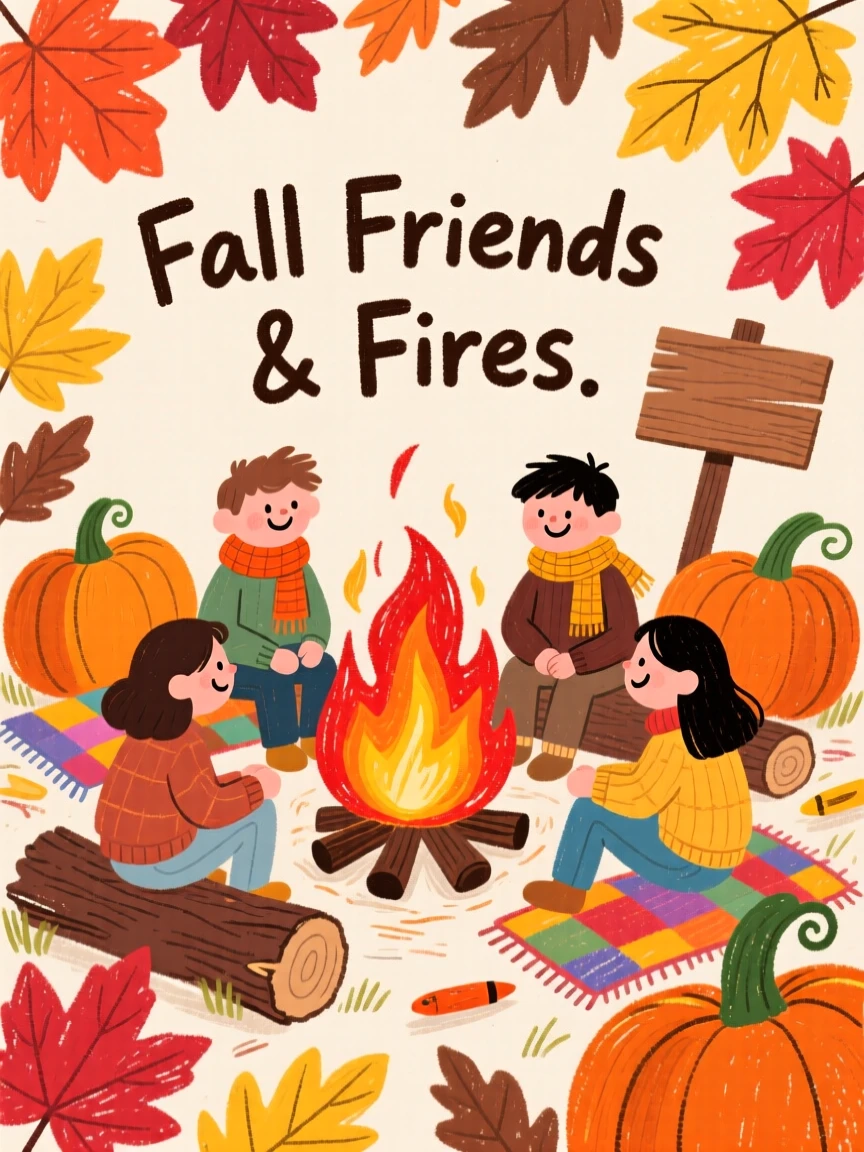 A bonfire surrounded by friends framed by autumn leaves and pumpkins.
