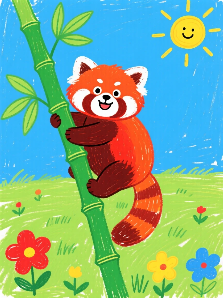 A red panda climbing a bamboo branch on a wide open grassy plain.