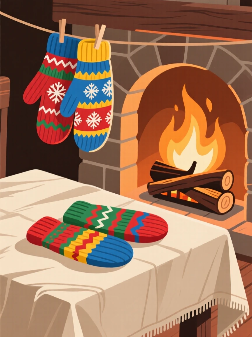 A pair of colorful mittens drying by a warm fireplace, arranged on a rustic linen tablecloth, arranged with soft layered shadows adding dimension, with a clean, elegant simplicity.