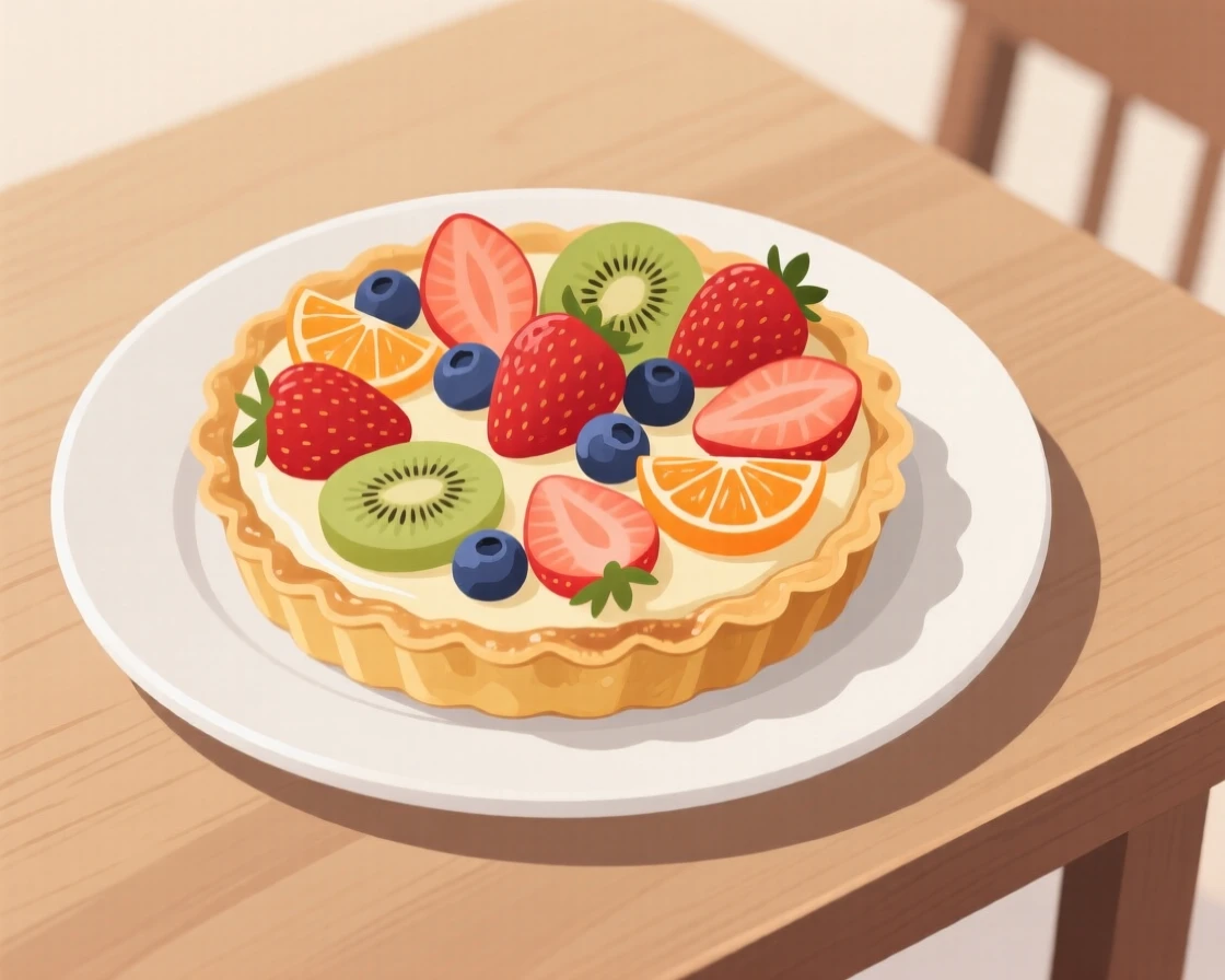 A beautifully arranged plate of a fruit tart ready to be served at a family dinner.