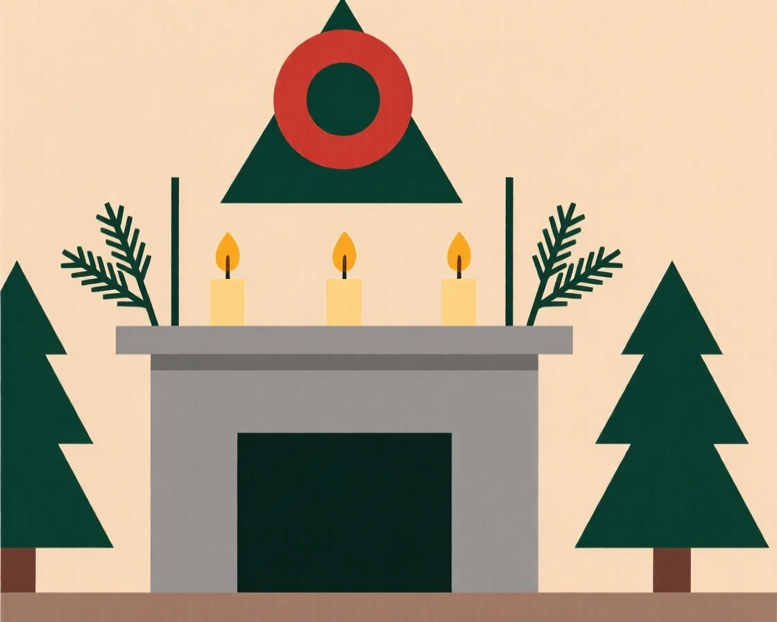 A living room fireplace mantel decorated for the season
