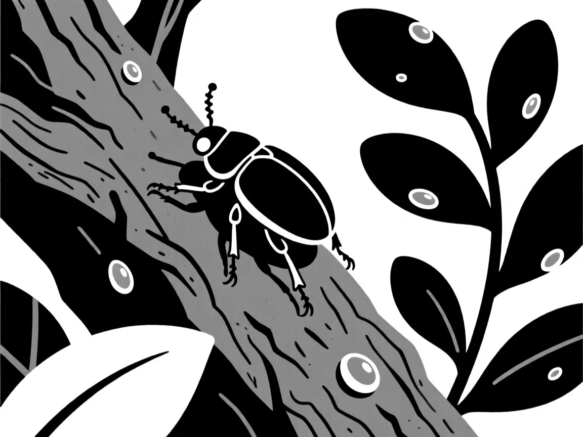 A beetle on tree bark among dewy garden leaves.