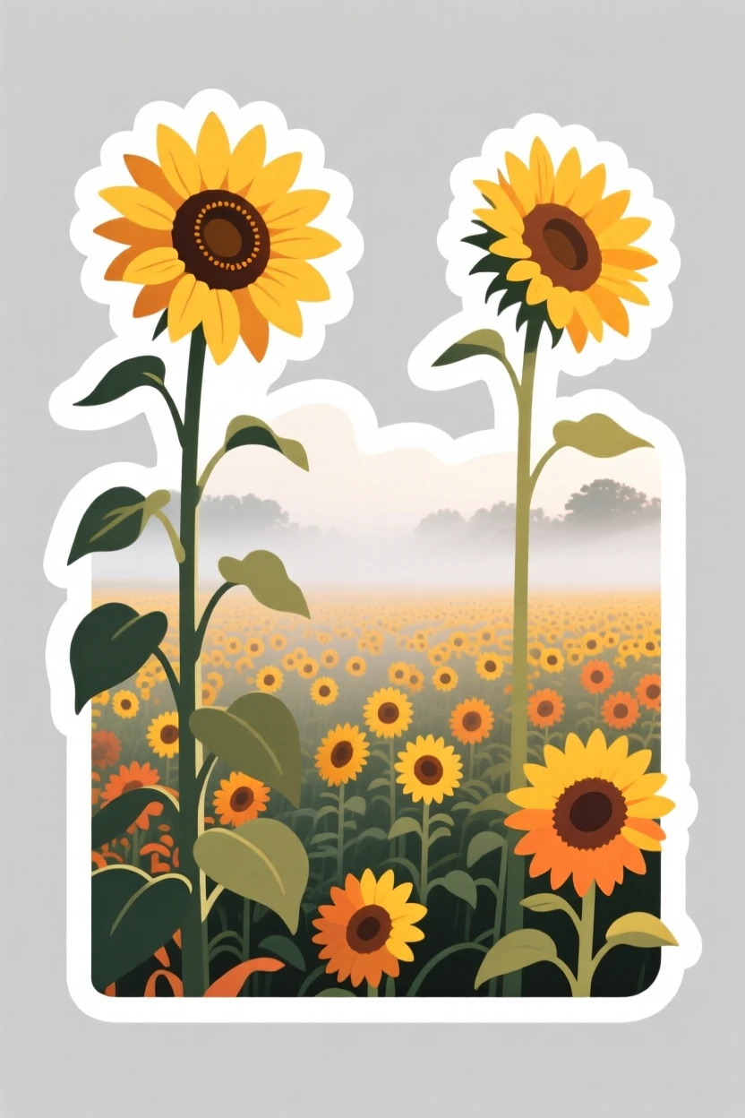 A majestic field of blooming sunflowers, with morning mist rolling through, as the seasons begin to change.