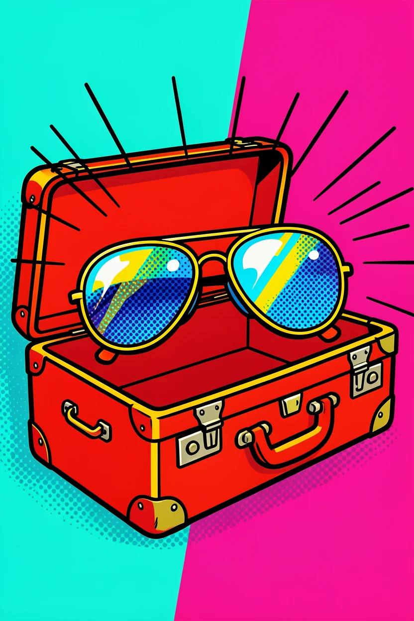 Aviator sunglasses resting on an open vintage suitcase