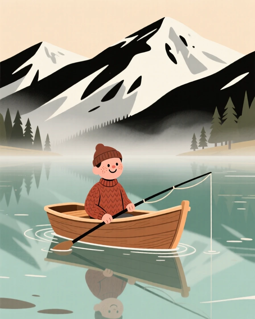 A lone fishing boat drifts across a glassy alpine lake as soft morning mist stretches across the surface and snow-capped peaks rise in the distance.