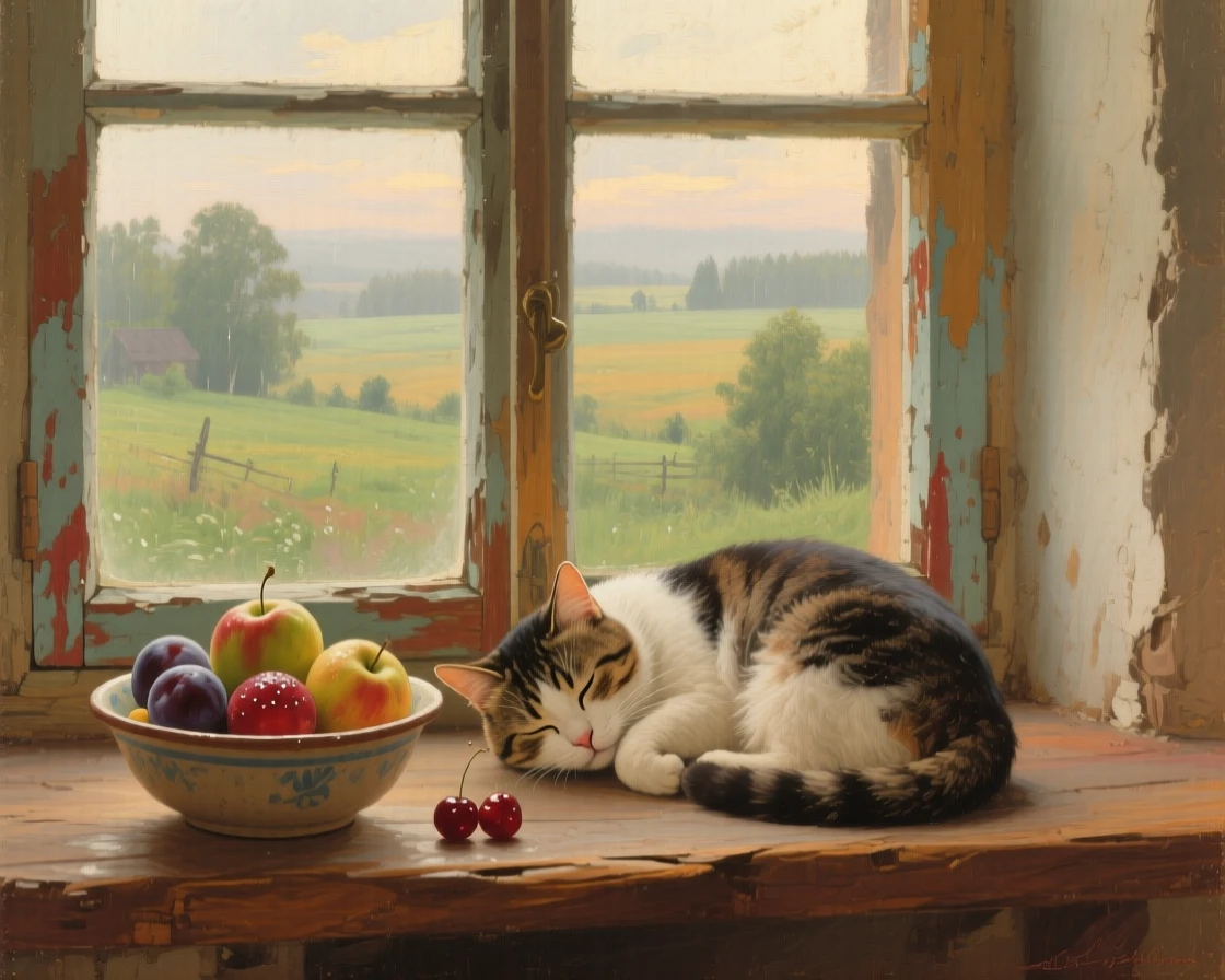A wide establishing shot of a sleepy cat curled on a windowsill beside a bowl of fruit, in rural Poland, at the start of a humid summer.