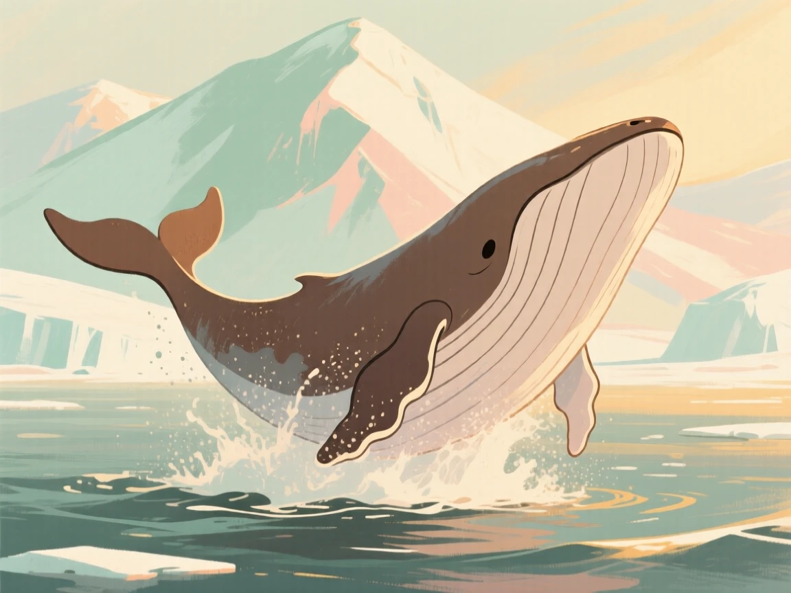A humpback whale breaching against a backdrop of icy mountains