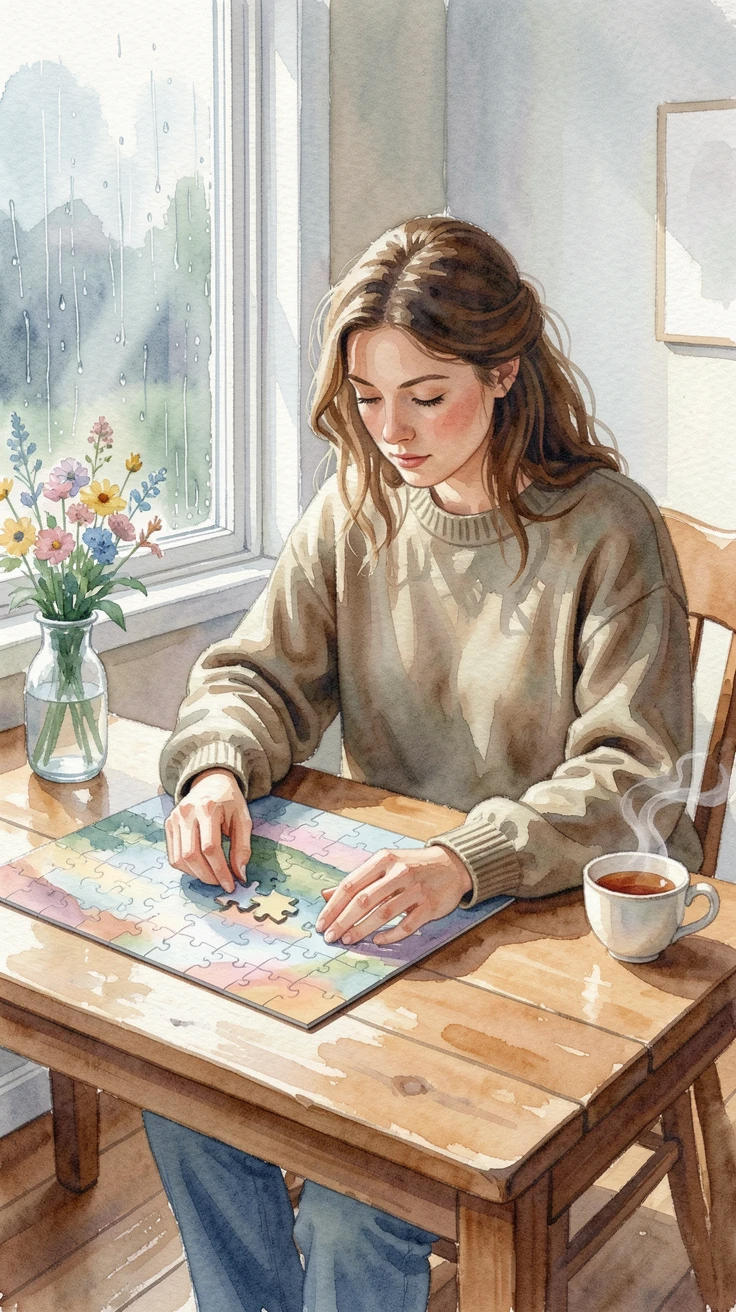 A woman doing a jigsaw puzzle on a rainy afternoon surrounded by natural light.