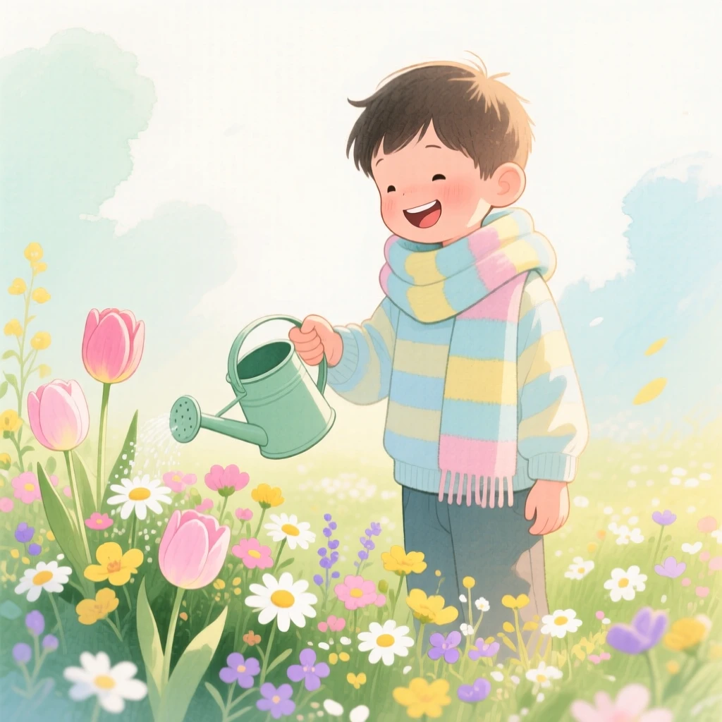 A boy with a striped scarf waters flowers with a tiny can in a blooming spring garden, laughter and joy filling the warm afternoon air
