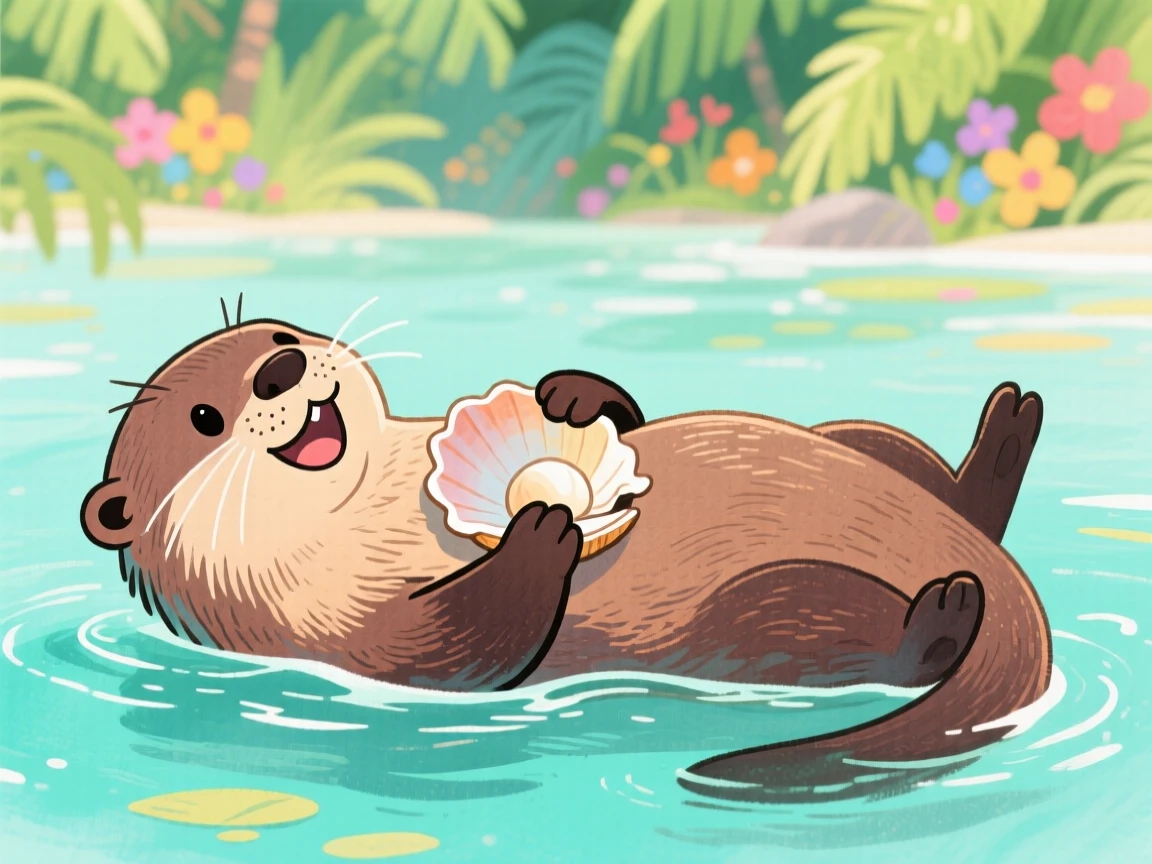 A close-up portrait of a playful otter cracking a shell on its belly in a tropical lagoon.
