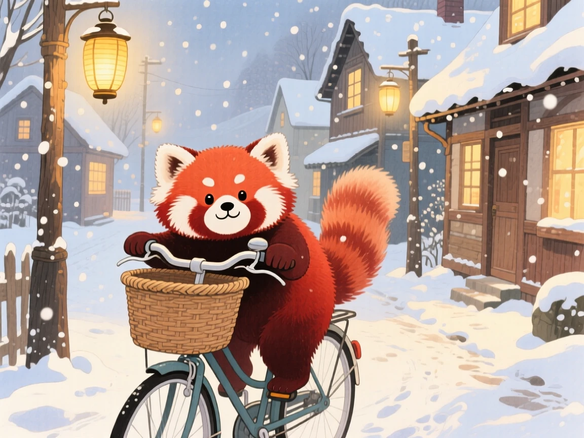 A red panda riding in a wicker bicycle basket, set in a snowy village street lined with warm lantern light, brimming with cozy comfort.