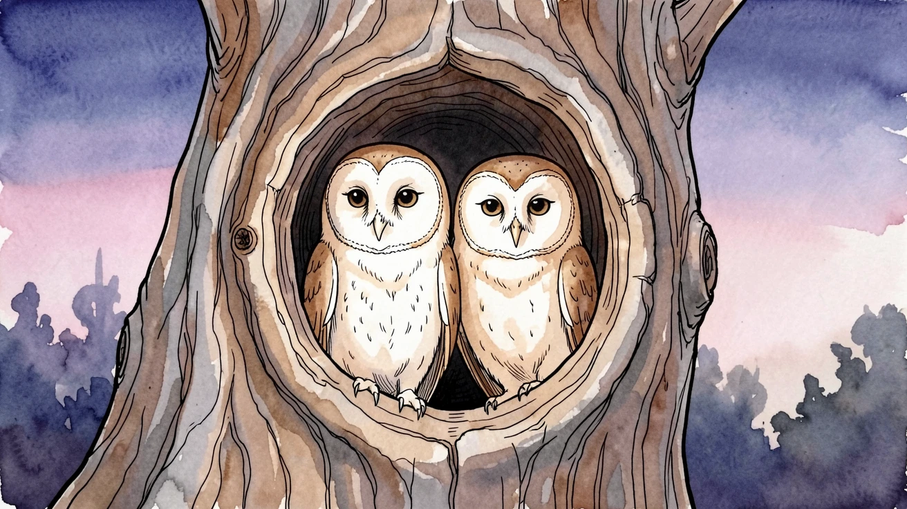 A pair of owls nestled in a hollow tree at twilight, a stillness in the air broken only by distant birdsong.