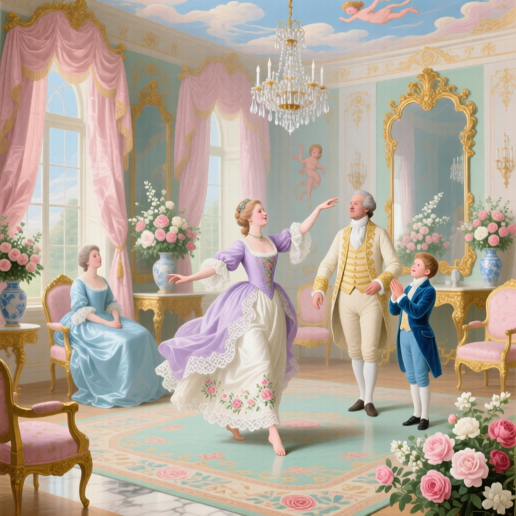 A princess performing a graceful dance for her family in a private salon  