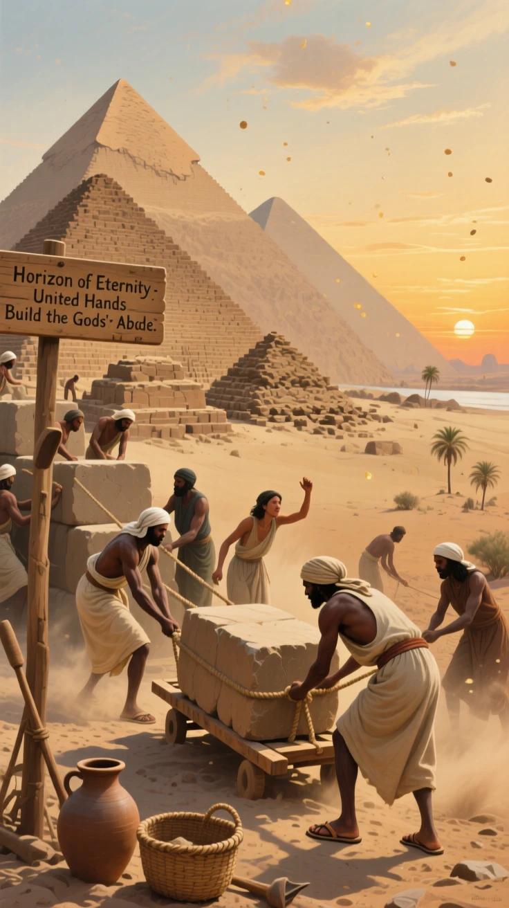 Ancient Egyptian builders hauling massive stone blocks toward a rising pyramid, as golden or dramatic lighting sets a timeless, cinematic mood, celebrating the rich diversity of world cultures and traditions