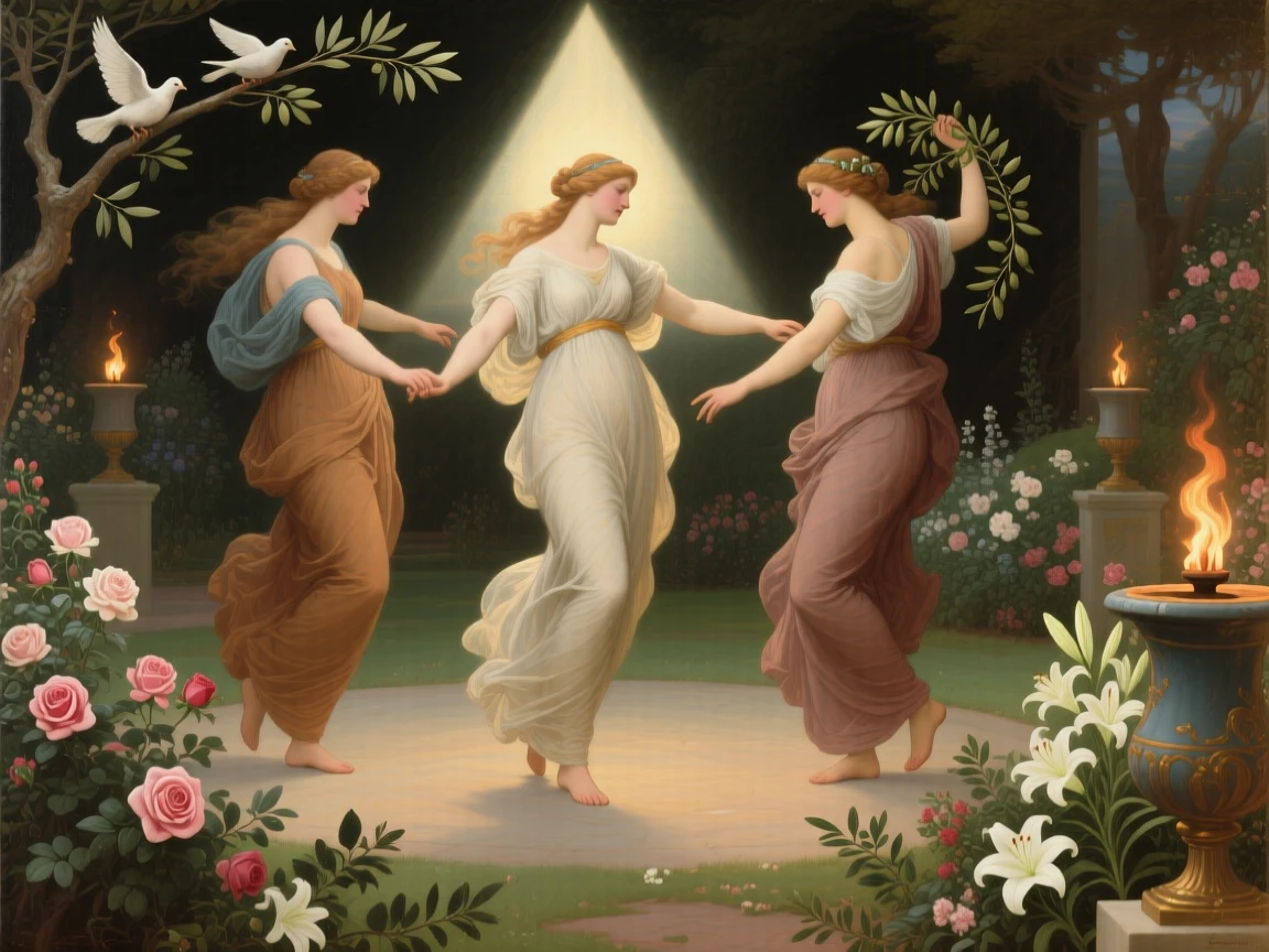 The three graces dancing in a circle of eternal harmony in a moment charged with timeless symbolic meaning, set within a garden where every bloom carries hidden meaning, with doves, olive branches, or flames rendered as carriers of deeper meaning; radiating light from the central figure draws every eye inward, filled with quiet reverence for forces greater than ourselves.