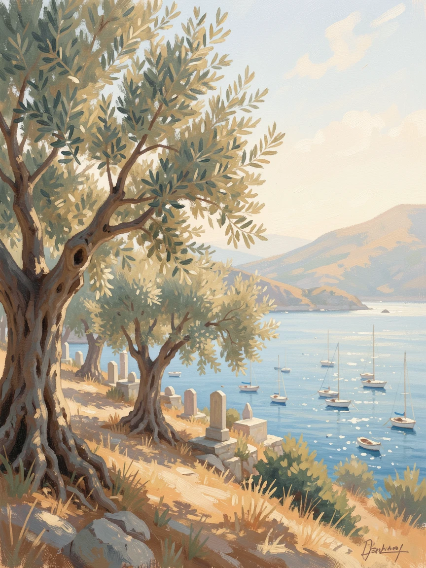 A hillside cemetery of ancient olive trees overlooking a sunlit Greek harbor dotted with white boats, during the height of summer, evoking a sense of peace and quiet wonder.