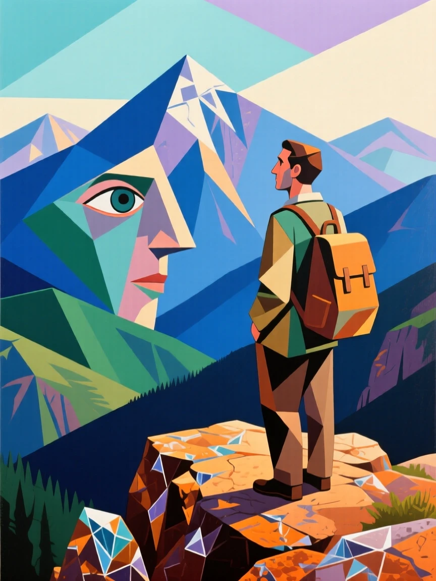A traveler pausing to admire a breathtaking mountain vista from a rocky overlook.