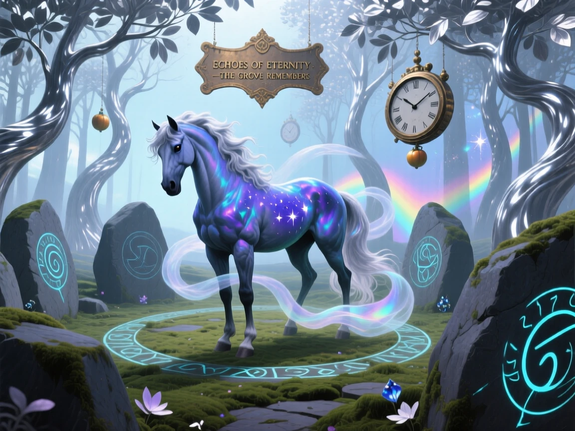 A centaur wandering through a grove of silver-leafed trees stands motionless at the center of an ancient stone circle, while wisps of light curl gently around its form.