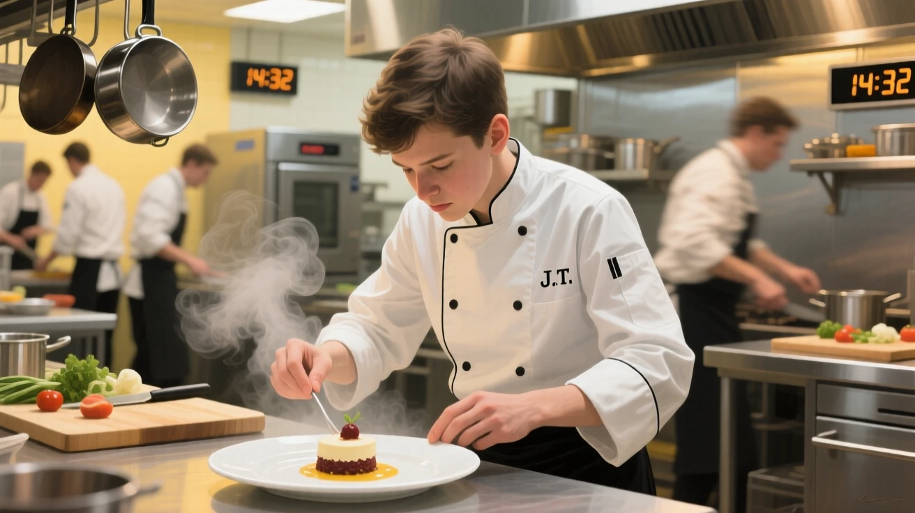 A young chef plates a delicate dessert in a bustling professional kitchen, steam rising around him as colleagues move swiftly in the background, soft ambient light gently shaping the contours of their face and surroundings.