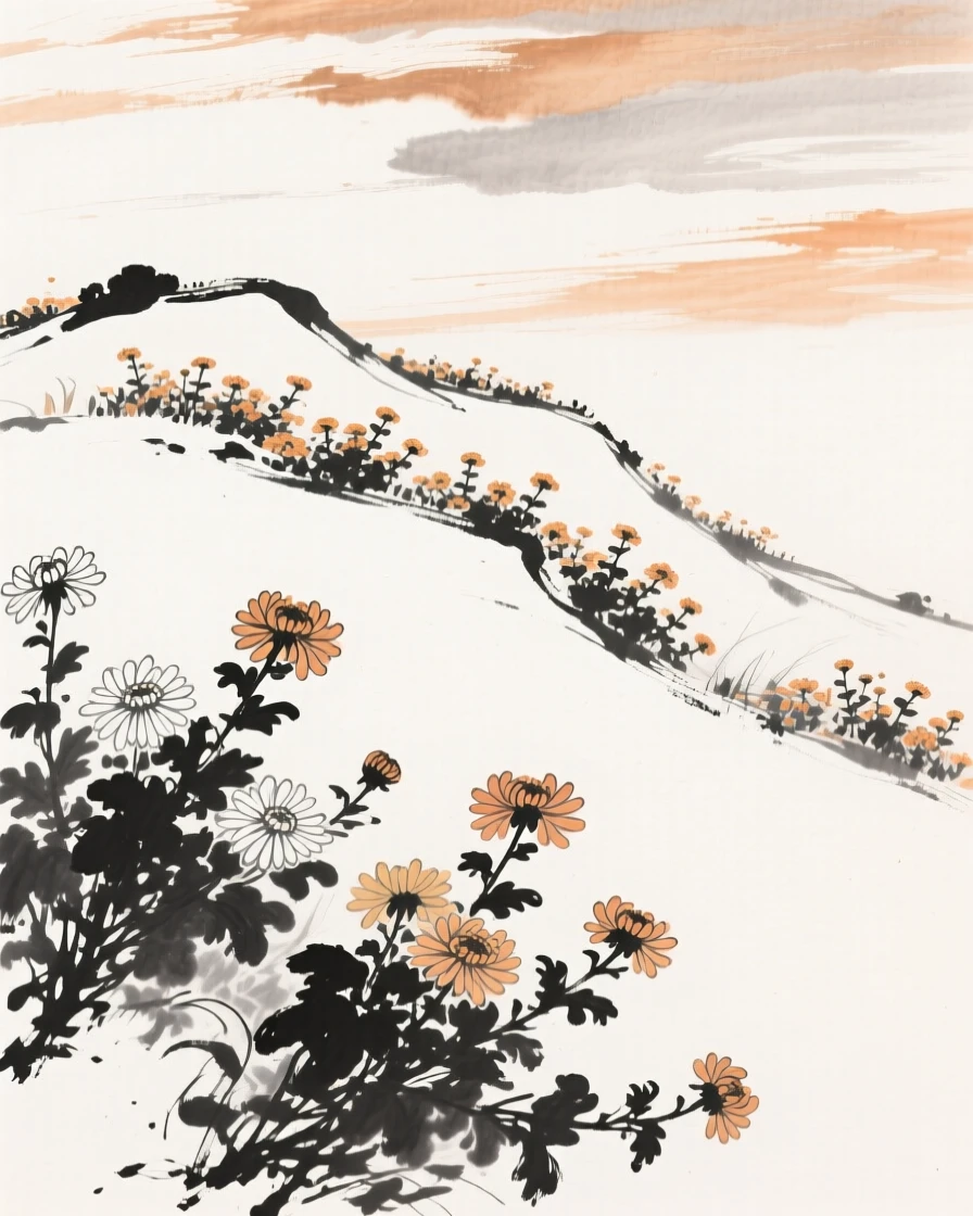 Wild chrysanthemums cover a hillside beneath a clear autumn sky, beneath a sky streaked with the colors of late autumn.