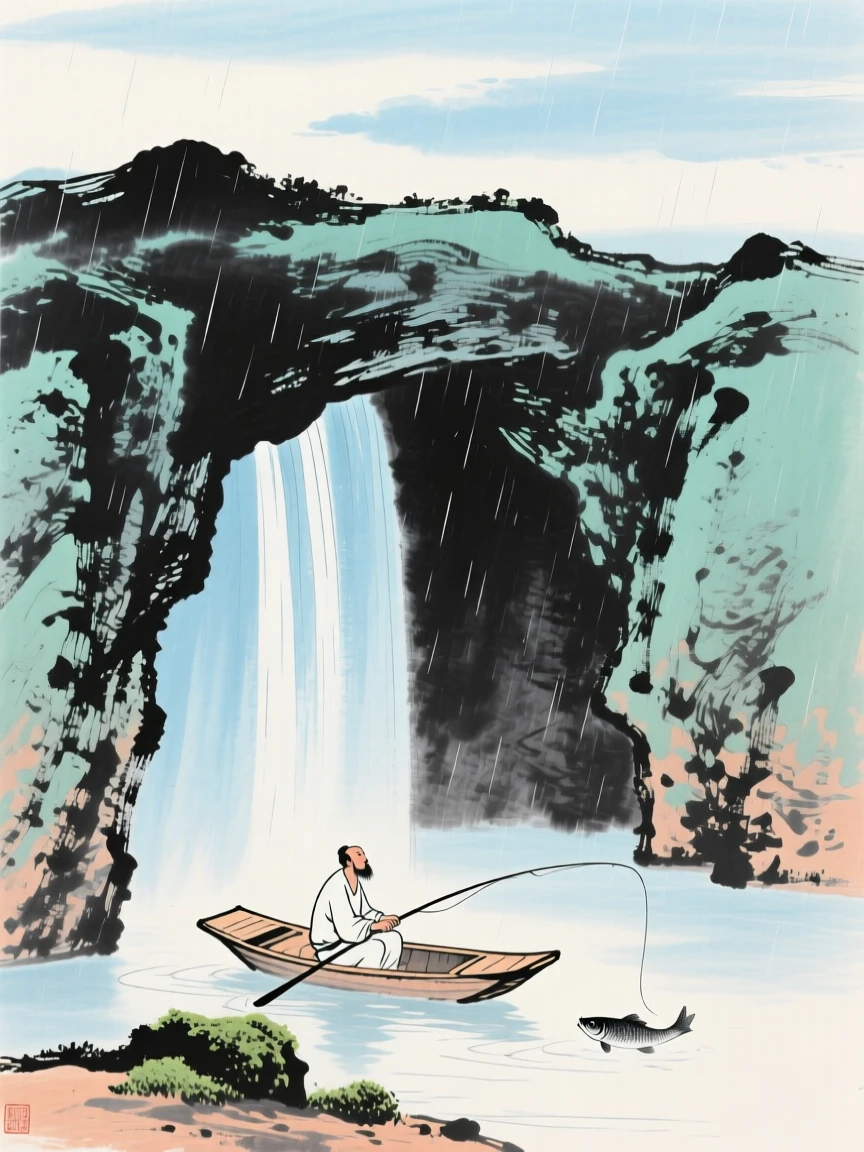 A hidden grotto behind a curtain of falling water, where a fisherman casts his line from a small skiff, beneath a sky washed clean by rain.