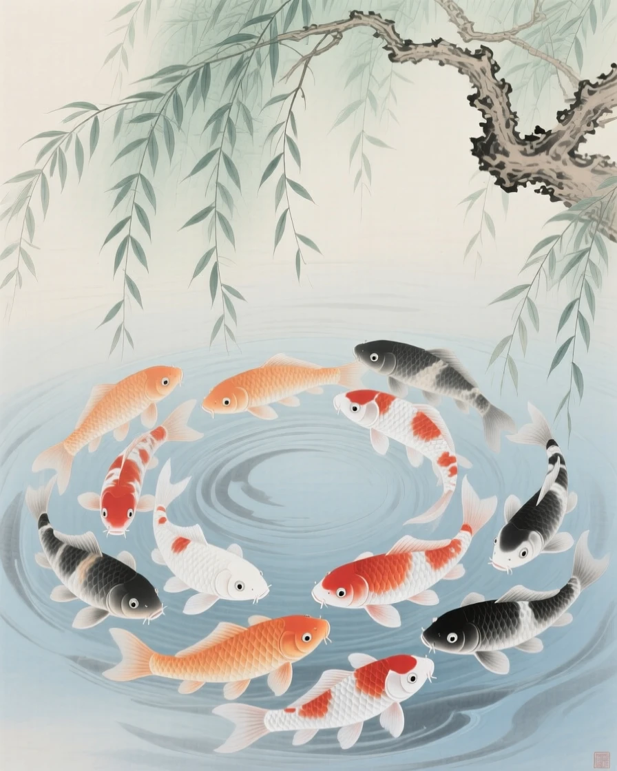 A school of koi fish swimming in circles under the shade of an overhanging willow tree
