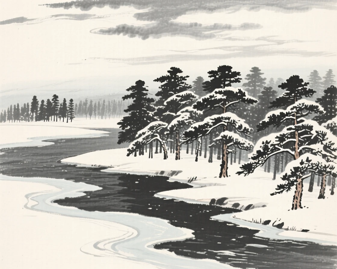 A snow-dusted pine forest along a frozen riverbank beneath a canopy of drifting cloud banks, viewed from a high vantage point looking down across the whole scene, capturing a fleeting, serene moment suspended in time.