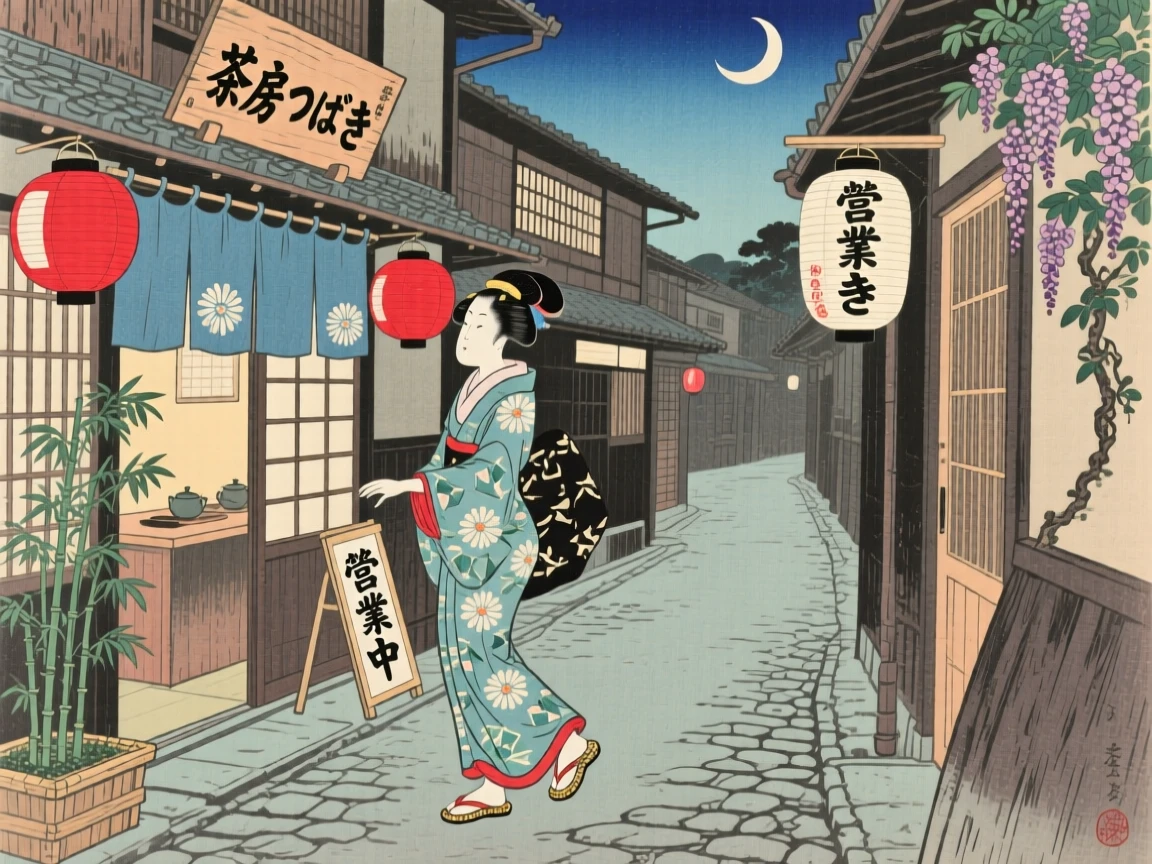 A tea shop owner gliding down a narrow lantern-lit alley.
