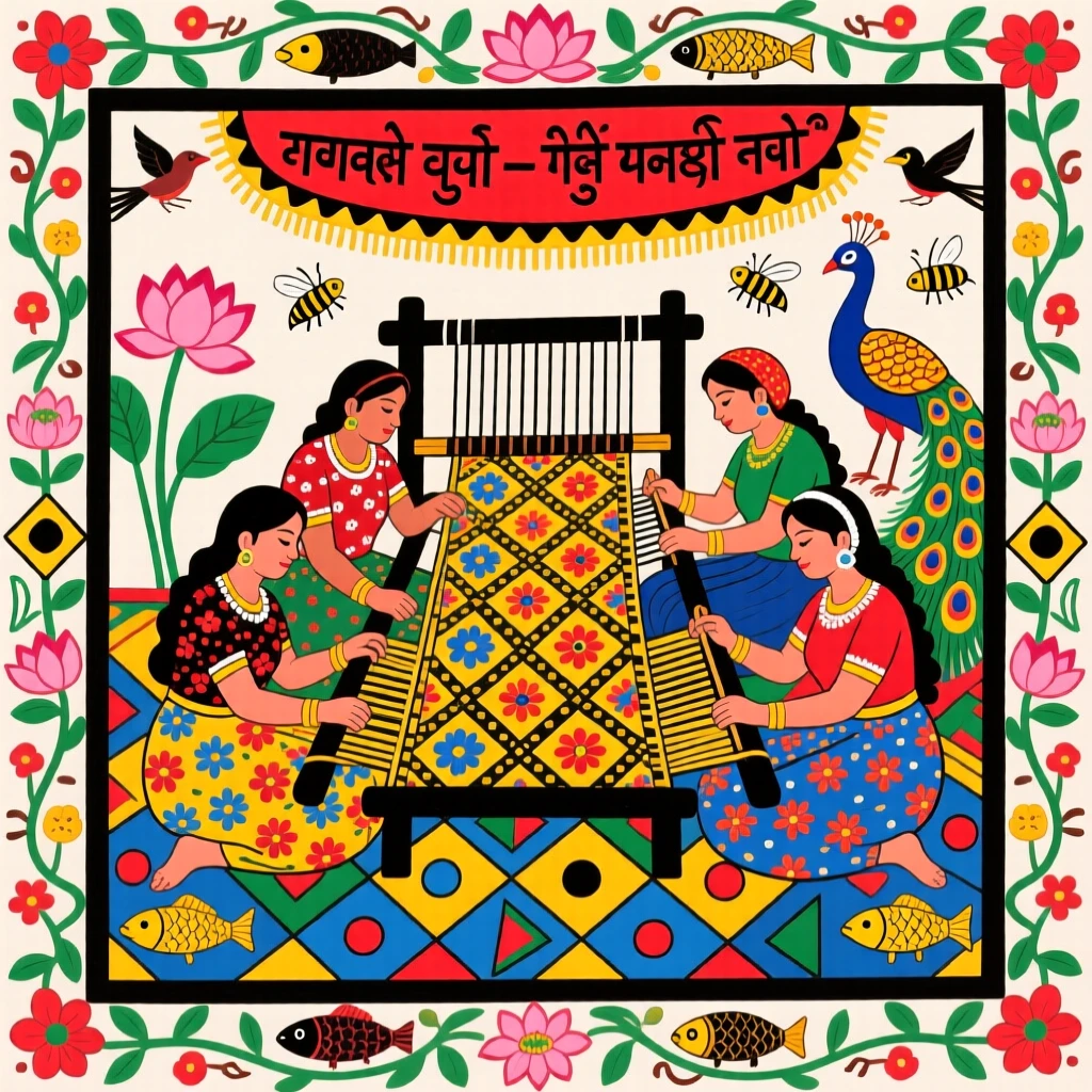 Weavers creating an intricate cloth passed down through generations.