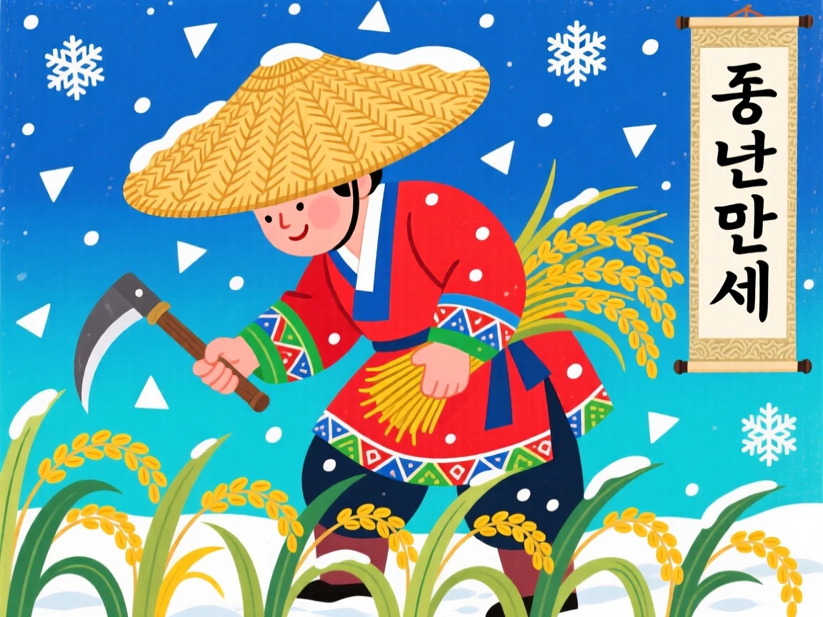 A farmer harvesting rice under a wide straw hat during a gentle snowfall.