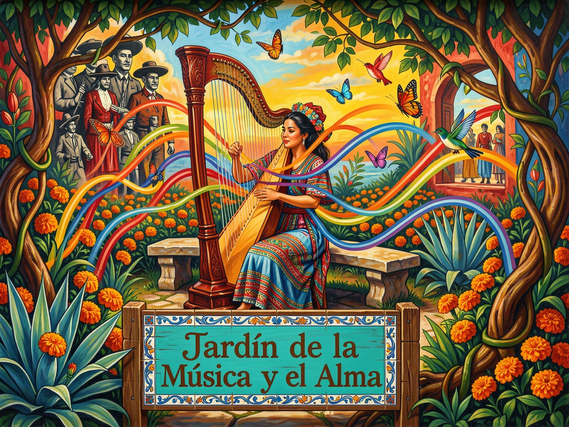 A harpist performing in a quiet garden courtyard