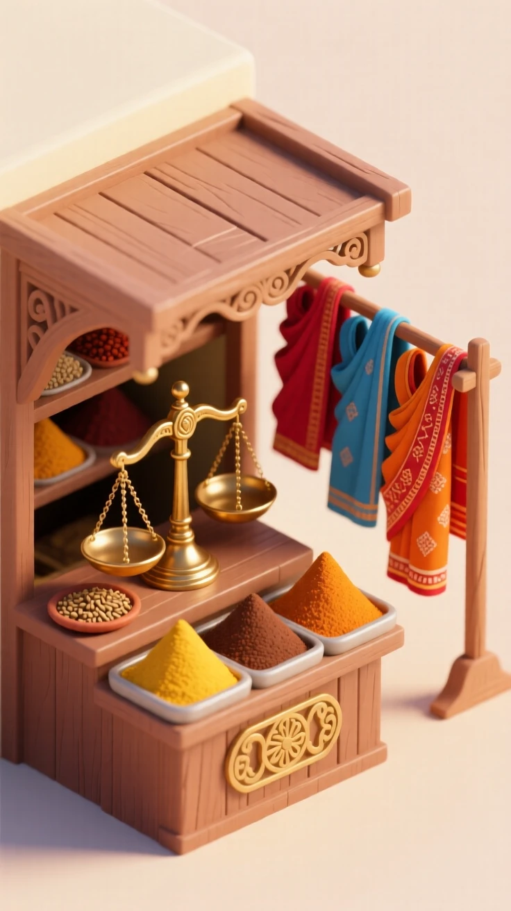 A vibrant Indian spice stall with mounds of turmeric and cumin, brass scales weighing portions, and colorful saris fluttering nearby.