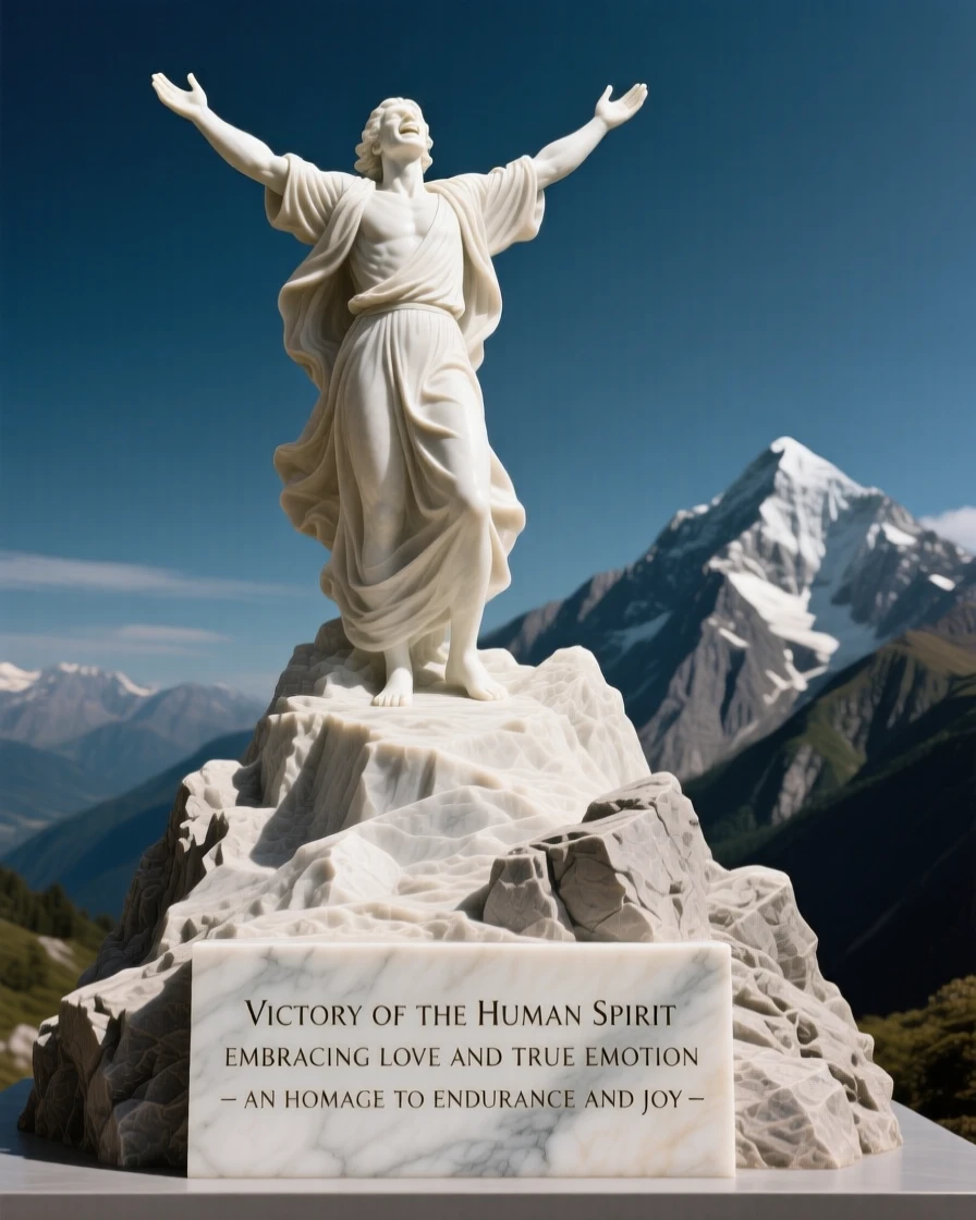 A heartfelt moment showing a person standing at a mountain summit, arms spread wide in victory, radiating love and genuine human emotion