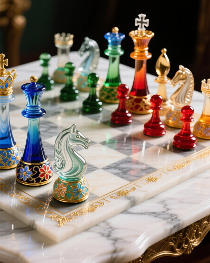 A grand chess set mid-game on a marble table, strategic and elegant.