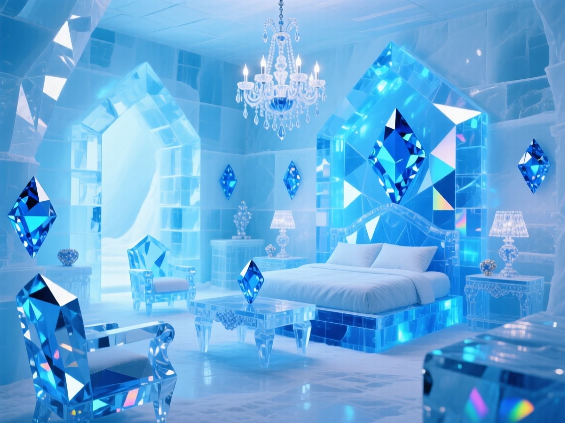 The interior of a grand ice hotel suite carved entirely from glowing blue ice.